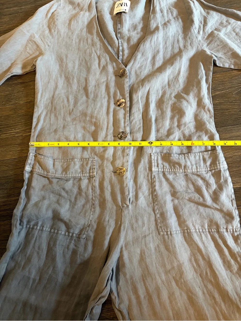 NWOT Zara Women’s 100% Linen Button Front Grey Minimalist Jumpsuit Medium